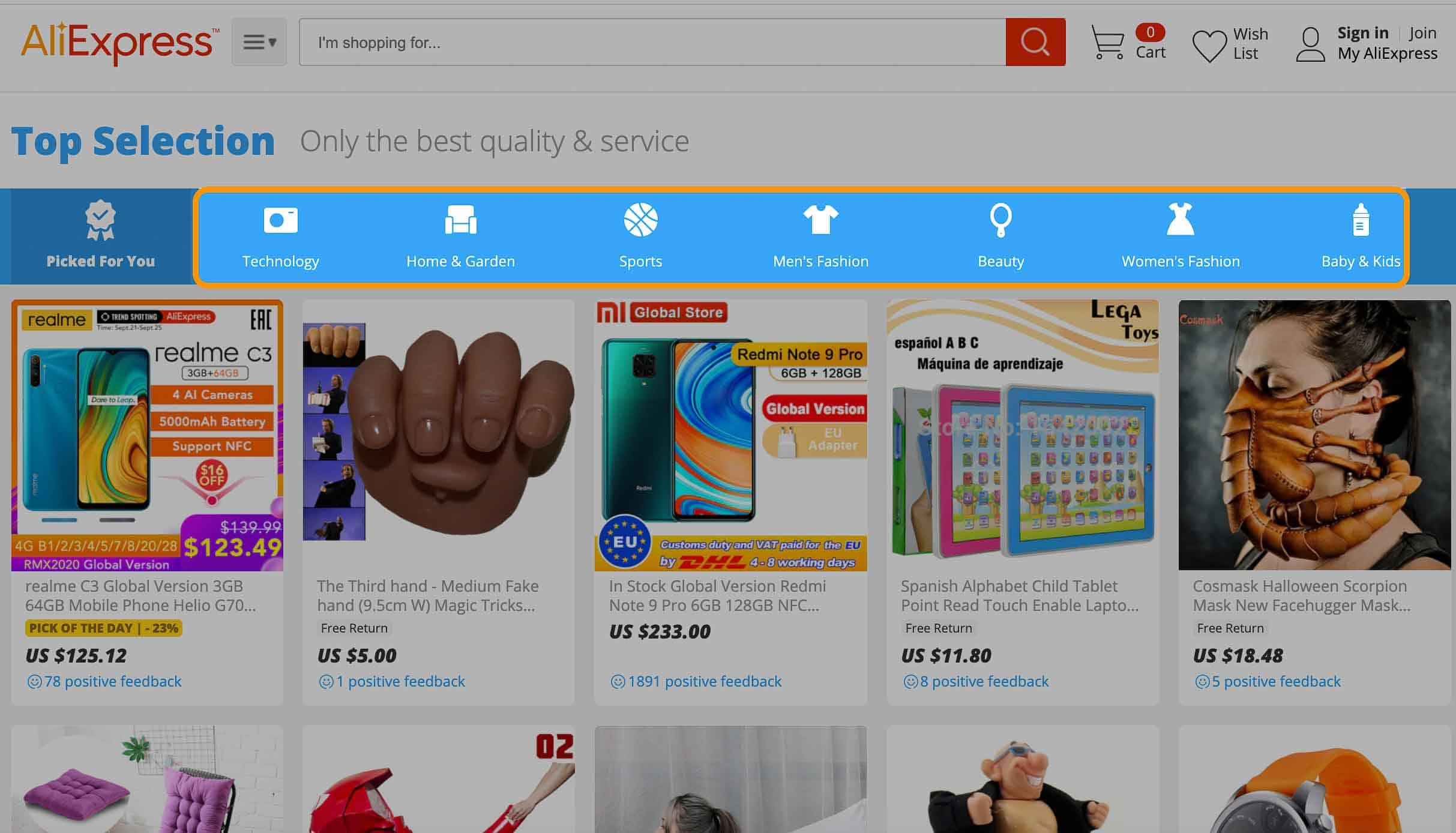 aliexpress category bar