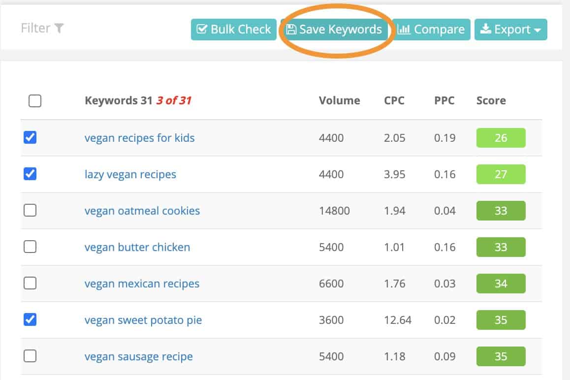 saving keywords to a list