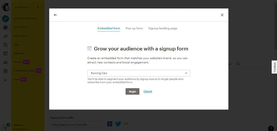 sign up form in mailchimp