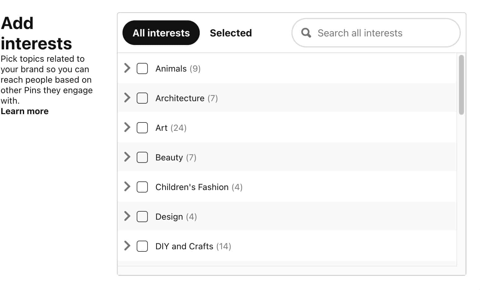 pinterest interest and categories
