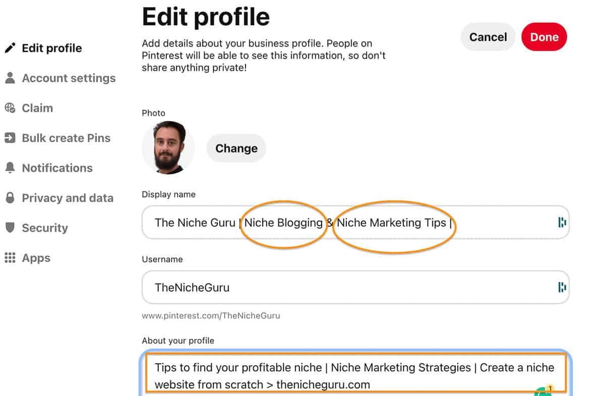 Pinterest profile keywords