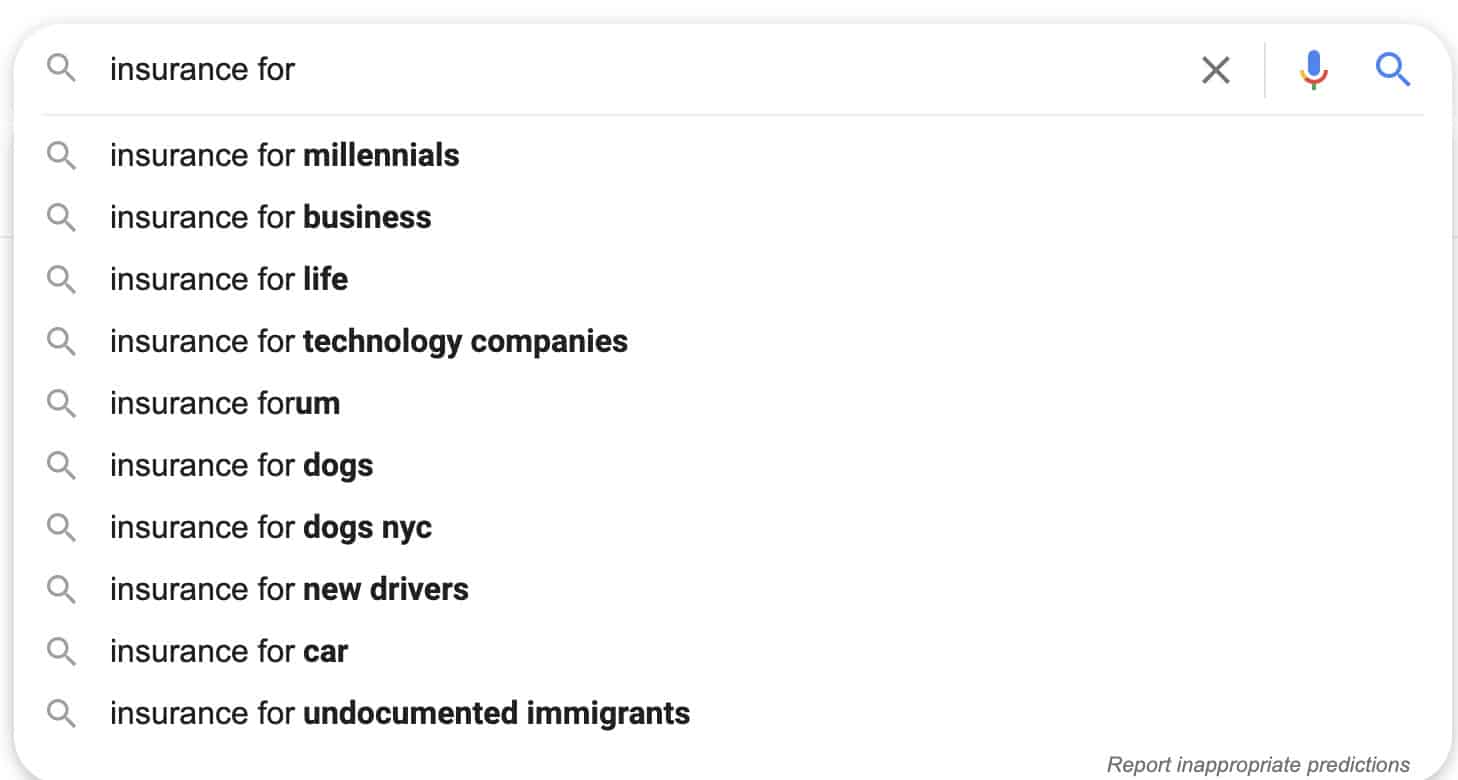 insurance google suggest