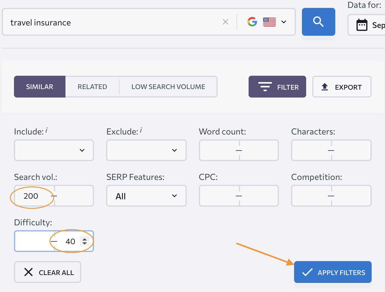 travel insurance keyword filter
